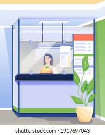 Finance worker in bank office. Financial services, business department vector illustration. Woman working at counter with banners. Modern workplace interior design background.