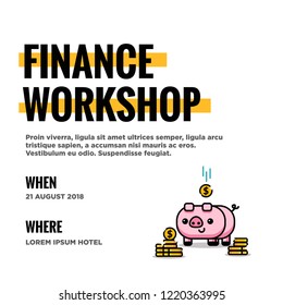 Finance Workshop Invitation with Cute Pig Illustration in Flat Line Art Style Design