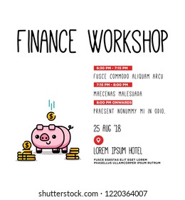 Finance Workshop Invitation with Cute Pig Illustration in Flat Line Art Style Design