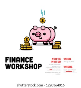Finance Workshop Invitation with Cute Pig Illustration in Flat Line Art Style Design