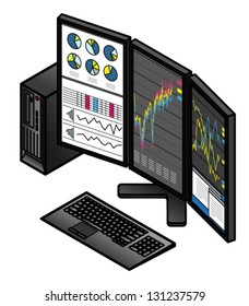 A Finance Workstation With A Small Form Factor Computer, Keyboard With Touchpad, And Three Portrait Monitors..