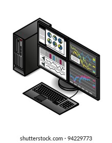 A Finance Workstation With A Small Form Factor Computer, Keyboard, Mouse And Four-screen Monitor.