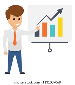
A financer avatar standing on a presentation board illustrating business evaluation via bar graph. 
