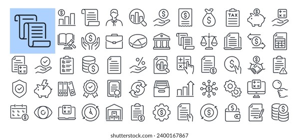 Finances, audit, accounting, taxes  editable stroke outline icons set isolated on white background flat vector illustration. Pixel perfect. 64 x 64.