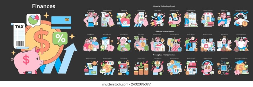 Finances big set. Personal finance: budgeting, savings and investment. Modern banking technology, digital wallet management. Financial literacy and independence. Flat vector illustration