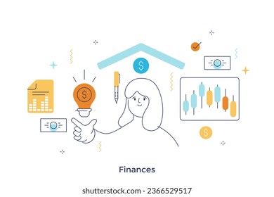 Finances concept thin line vector illustration. Money management and investment safety. Financial data analytics cartoon composition for web design. Creative idea for website, mobile, presentation