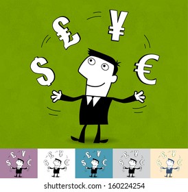 Finances, currency. Business cartoon illustration (EPS 10). Animation friendly: the elements (arms, heads etc) are in the separate layers. Seamless pattern on the background (its color can be changed)