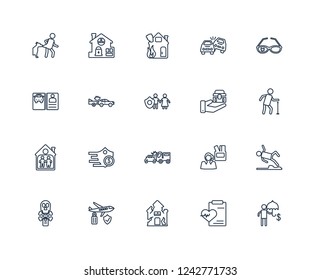 Finances, Elderly, Glasses insurance, Overturned car, Death, Locked padlock Unemployed, License outline vector icons from 20 set