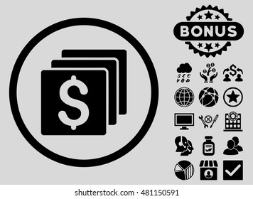 Finances icon with bonus. Vector illustration style is flat iconic symbols, black color, light gray background.