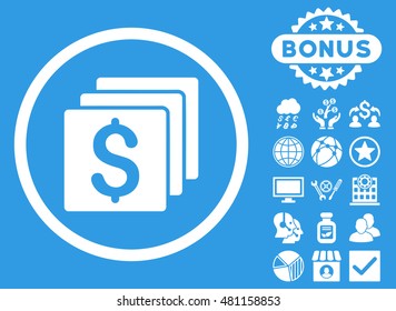 Finances icon with bonus. Vector illustration style is flat iconic symbols, white color, blue background.