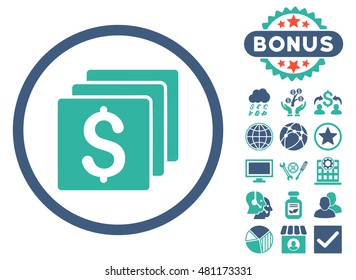 Finances icon with bonus. Vector illustration style is flat iconic bicolor symbols, cobalt and cyan colors, white background.