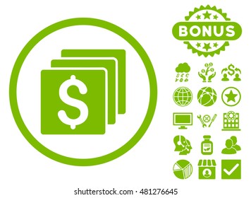 Finances icon with bonus. Vector illustration style is flat iconic symbols, eco green color, white background.