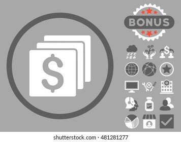 Finances icon with bonus. Vector illustration style is flat iconic bicolor symbols, dark gray and white colors, silver background.