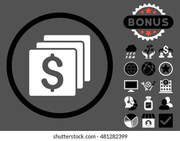 Finances icon with bonus. Vector illustration style is flat iconic bicolor symbols, black and white colors, gray background.