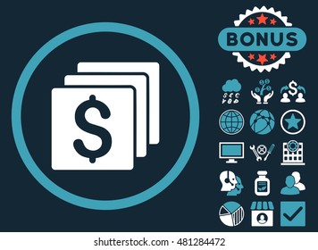 Finances icon with bonus. Vector illustration style is flat iconic bicolor symbols, blue and white colors, dark blue background.