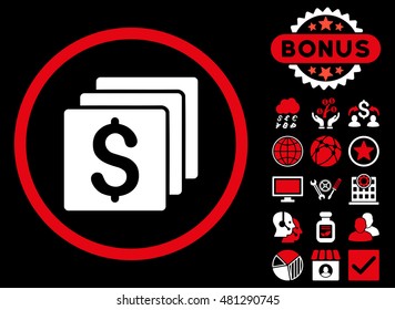 Finances icon with bonus. Vector illustration style is flat iconic bicolor symbols, red and white colors, black background.