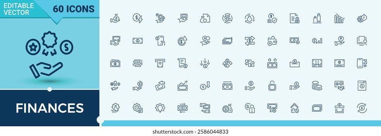 Finances icons set in linear style. Includes icons for commerce, savings, change, money, finance, graph, pig, credit. Icons for design. Modern vector illustration.