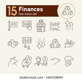 Finances line icon set. Bull, bear, profit. Stock market concept. Can be used for topics like investment, development, forex