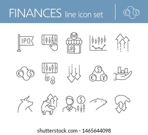 Finances line icon set. Bull, bear, profit. Stock market concept. Can be used for topics like investment, development, forex