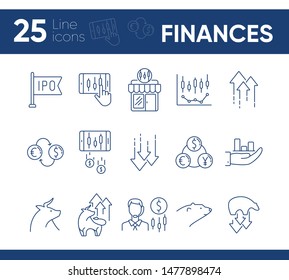 Finances line icon set. Bull, bear, profit. Stock market concept. Can be used for topics like investment, development, forex