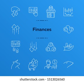 Finances line icon set. Bull, bear, profit. Stock market concept. Can be used for topics like investment, development, forex