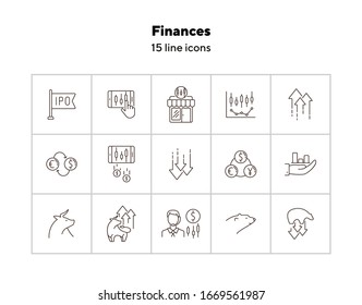 Finances line icon set. Bull, bear, profit. Stock market concept. Can be used for topics like investment, development, forex