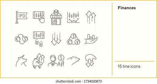 Finances line icon set. Bull, bear, profit. Stock market concept. Can be used for topics like investment, development, forex