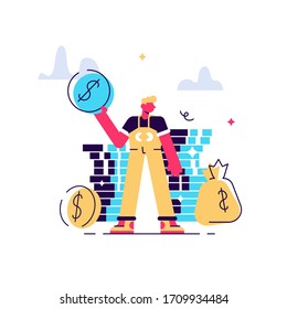 Finances management. Budget assessment, financial literacy, accounting idea. Financier with cash, economist holding golden coin cartoon character. Flat vector isolated concept metaphor illustration