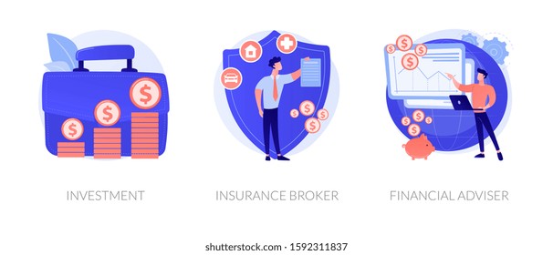 Finances management, economic protection service, professional consulting icons set. Investment, insurance broker, financial adviser metaphors. Vector isolated concept metaphor illustrations