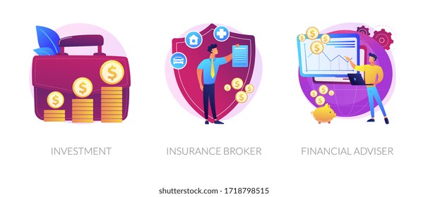 Finances management, economic protection service, professional consulting icons set. Investment, insurance broker, financial adviser metaphors. Vector isolated concept metaphor illustrations