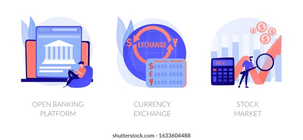 Finances management service, online money transaction, stocks trading icons set. Open banking platform, currency exchange, stock market metaphors. Vector isolated concept metaphor illustrations