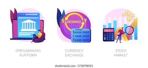 Finances management service, online money transaction, stocks trading icons set. Open banking platform, currency exchange, stock market metaphors. Vector isolated concept metaphor illustrations