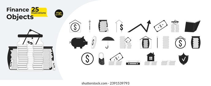 Financia el paquete de objetos de dibujos animados en 2D en blanco y negro. Monedas en dólares, billetes aislados de eslabón vectorial paquete de elementos. Beneficios de gastos ahorrando colección de ilustraciones de manchas planas monocromáticas