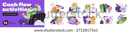 Finances and money concept set. Payment by credit card, online investment, transactions in banking app. Currency exchange, financial flow, cash withdraw. Flat isolated vector illustrations on white