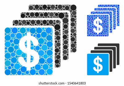 Finances mosaic of filled circles in different sizes and color tinges, based on finances icon. Vector filled circles are grouped into blue illustration.