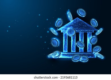 Finances, payments, banking operations concept with flying coins and bank building on dark blue