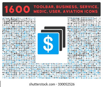 Finances vector icon and 1600 other business, service tools, medical care, software toolbar, web interface pictograms. Style is bicolor flat symbols, blue and gray colors, rounded angles, white