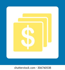 Finances vector icon. This flat rounded square button uses yellow and white colors and isolated on a blue background.