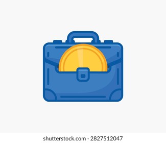 Financial abundance concept, blue briefcase overflowing with a large golden coin, symbolizing substantial earnings, successful investment returns, and maximized profits.