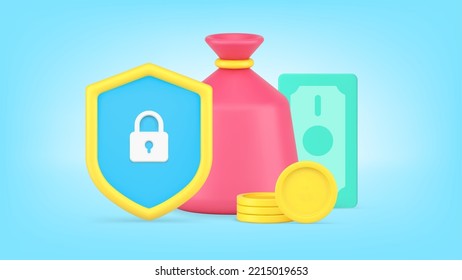 Financial Account Bill Protection Banking Deposit Cash Money Dollar Sack Risk Insurance Realistic 3d Icon Vector Illustration. Bank Investment Savings Earnings Wealth Protective Secure Lock Shield