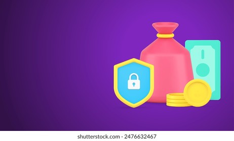 Financial account bill protection banking deposit cash money dollar sack risk insurance realistic 3d icon vector illustration. Bank investment savings earnings wealth protective secure lock shield