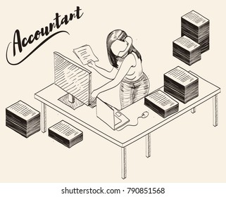 Financial accountant. Doodle vector illustration of a young woman talking by phone and typing on a computer analyzing and accounting finance data, surrounded by tons paperwork. Line art drawing. 
