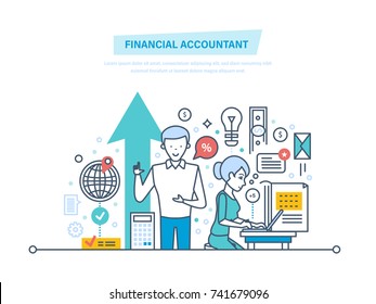 Financial accountant. Financial workers. Aanalyzing and accounting finance statistics, audit, working with economic documentation, marketing. Illustration thin line design.