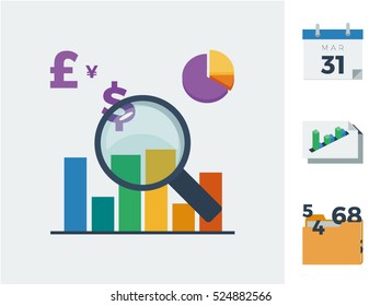 Financial accounting audit with magnifying glass, charts, different currencies, calendar, profit and loss statement and accounts icons vector illustration set