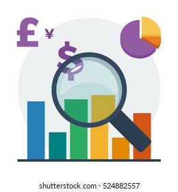 Financial accounting audit vector illustration with magnifying glass, charts, different currencies