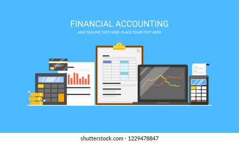 Financial Accounting, Balance Sheet, Account Statement Flat Vector Banner On Blue Background