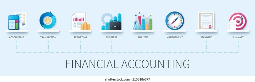 Financial accounting banner with icons. Accounting, transaction, reporting, business, analysis, management, standard, summary icons. Business concept. Web vector infographics in 3d style