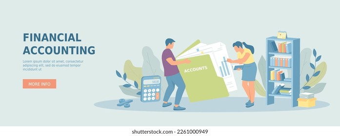 Contabilidad financiera. Análisis de negocios y gestión de datos financieros. Análisis presupuestario. Banner promocional de la web. Ilustración vectorial plana de dibujos animados con caracteres de personas.	
