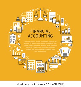 Financial accounting circle poster with flat line icons. Bookkeeping brochure concept, tax optimization, loan, payroll, real estate crediting. Accountancy, finance thin linear signs for legal services