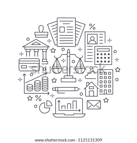 Financial accounting circle poster flat line icons. Bookkeeping brochure concept, tax optimization, firm accountant, payroll, real estate crediting. Accountancy, finance linear signs legal services.